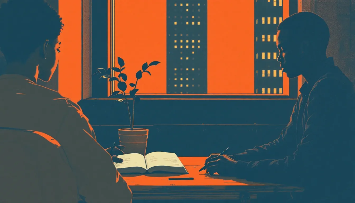 A person with warm brown skin sits at a wooden desk writing in a notebook, seen from behind, while a tall window frames a soft-focus institutional building receding into blue distance