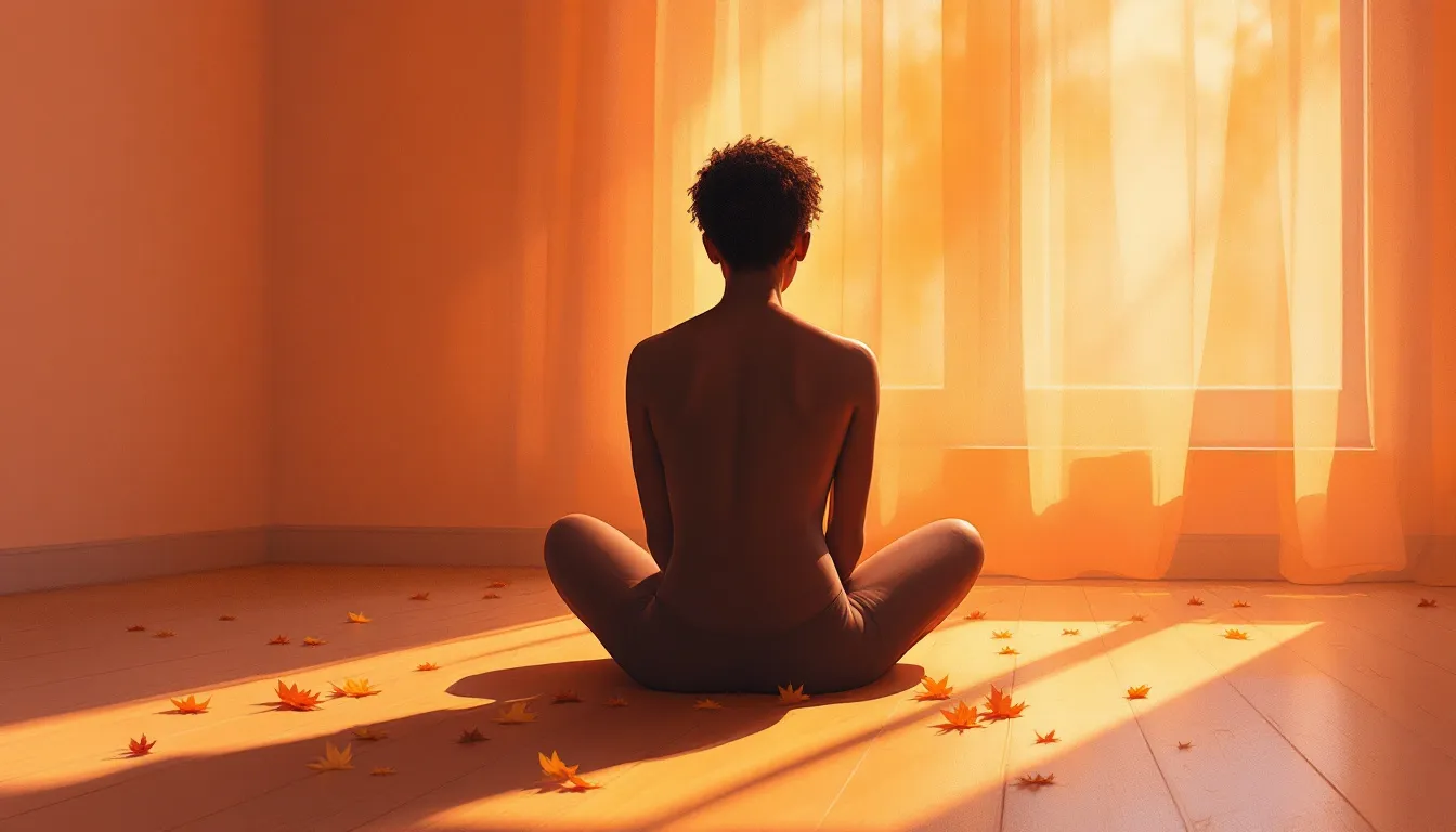 A figure with light brown skin sits cross-legged on a sunlit wooden floor, back to viewer, facing a tall window where warm afternoon light pools around them and dried leaves catch the golden glow