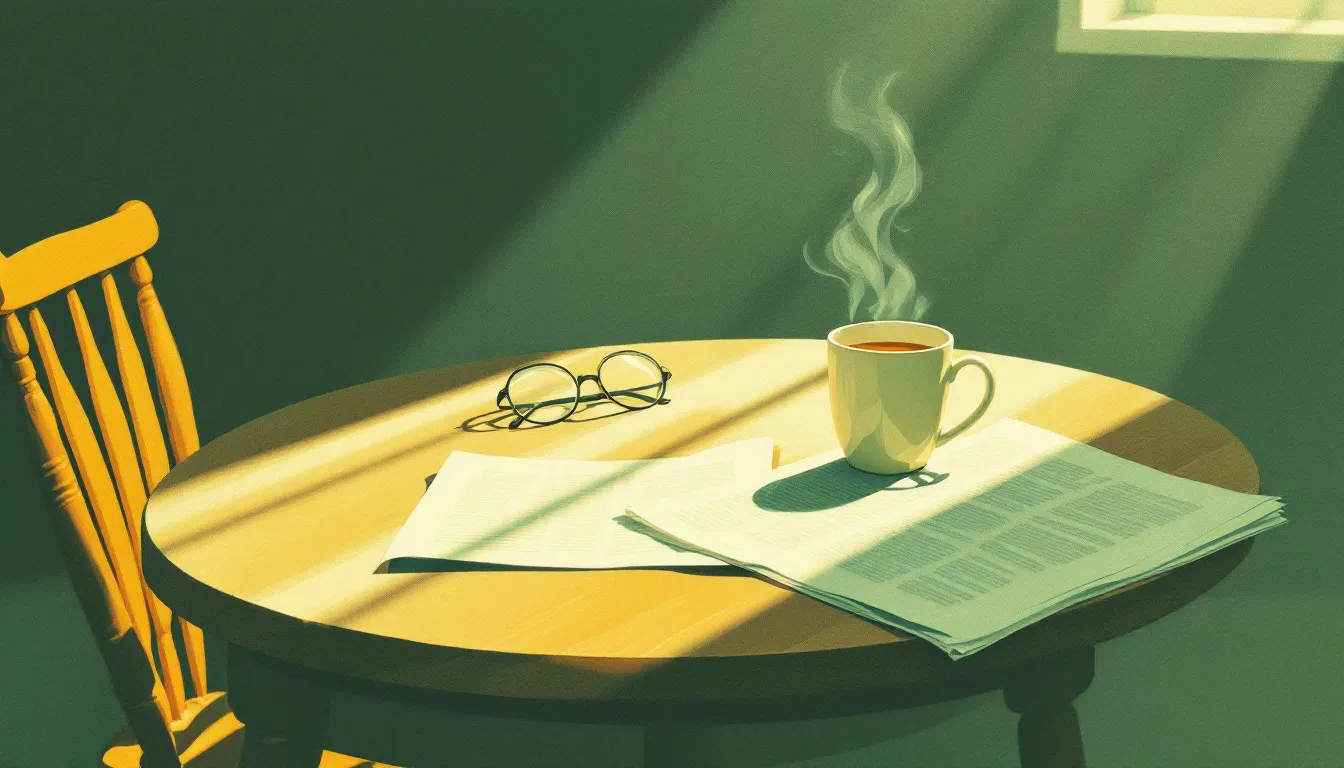 A risograph-style illustration of a kitchen table with a steaming mug of tea, reading glasses, and a folded newspaper bathed in quiet morning light, empty chair nearby