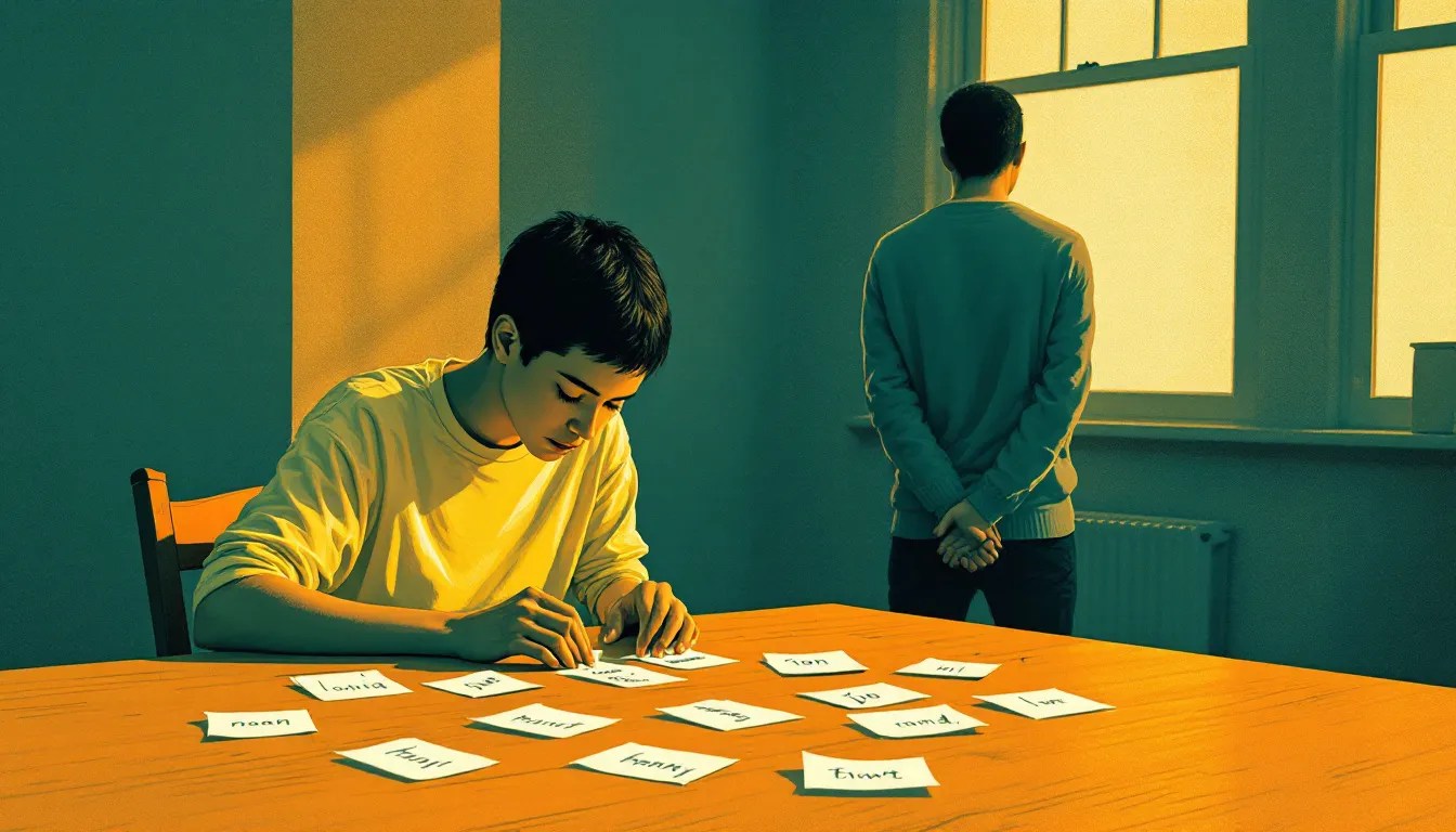 A person arranges handwritten word cards on a table while another figure stands alone across the room with their back turned, facing a window