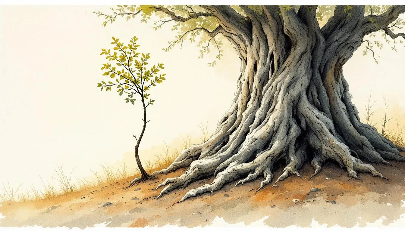Watercolor of a slender young tree beside a massive ancient tree with gnarled roots