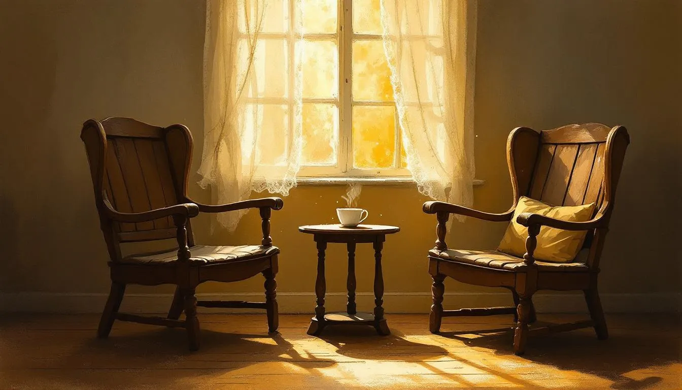 Two facing armchairs with a steaming cup on a small table between them
