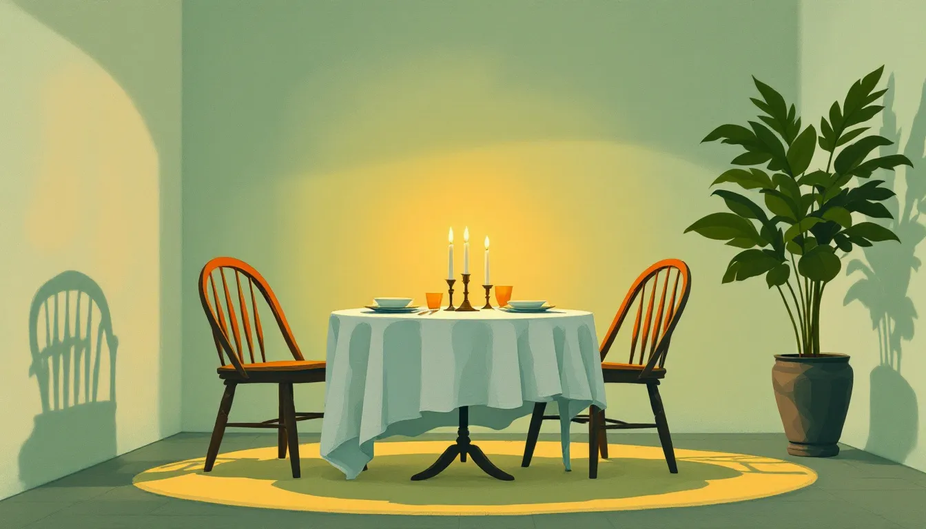A round dinner table set for two with candles and empty wooden chairs in a warm amber-lit interior at dusk
