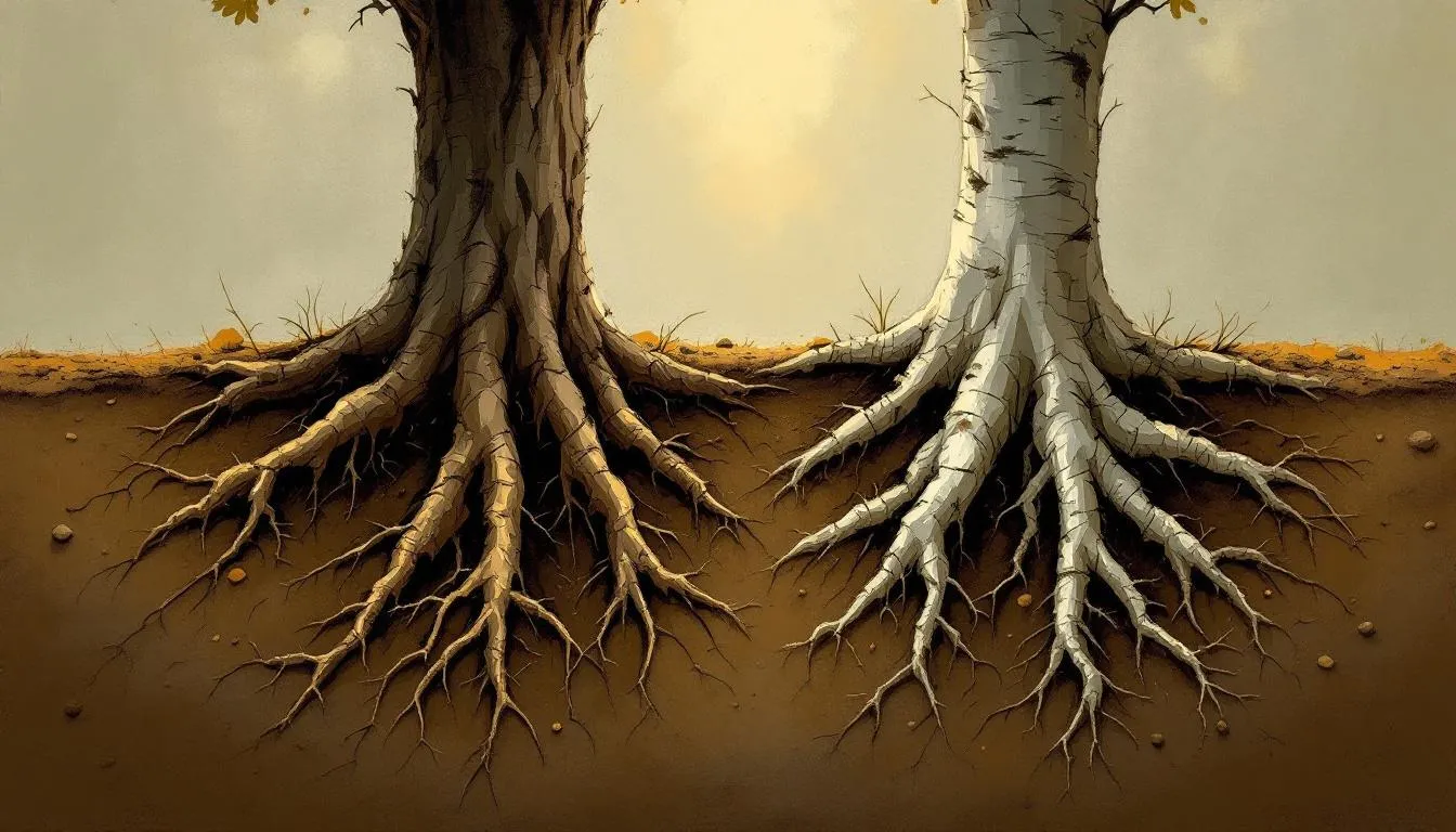 Cross-section of two trees whose roots intertwine beneath the soil