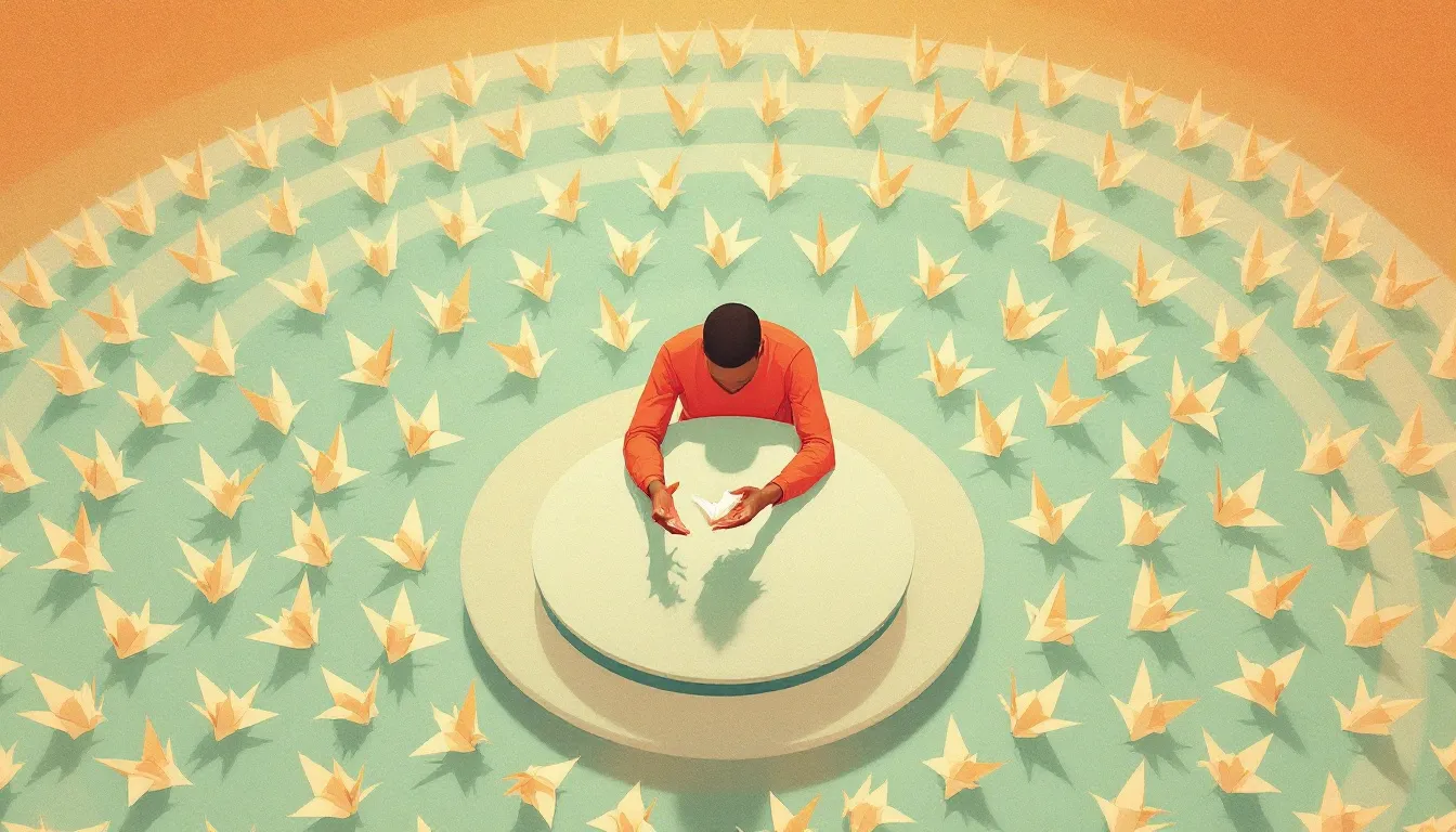 A person with warm brown skin sits at a round table, one hand cradling a single origami crane while dozens of identical paper cranes form tight concentric circles around them