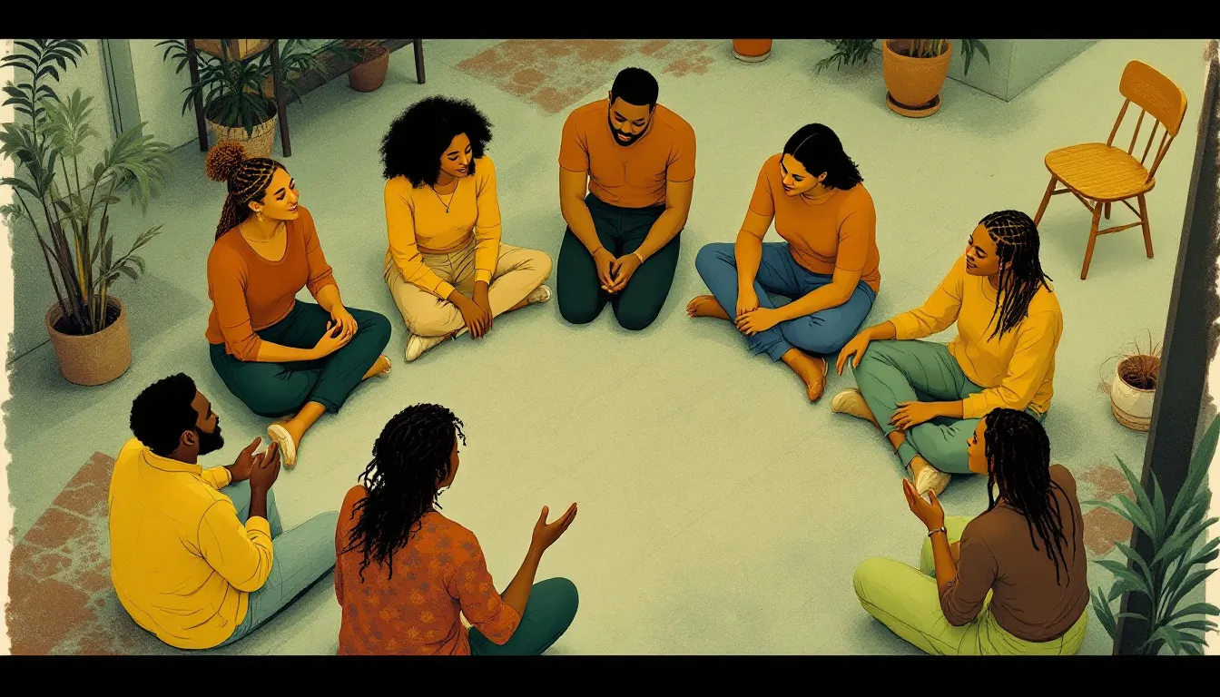 An overhead view of a circle of people with varied skin tones seated on the ground in warm conversation, with an empty chair at the edge of the circle