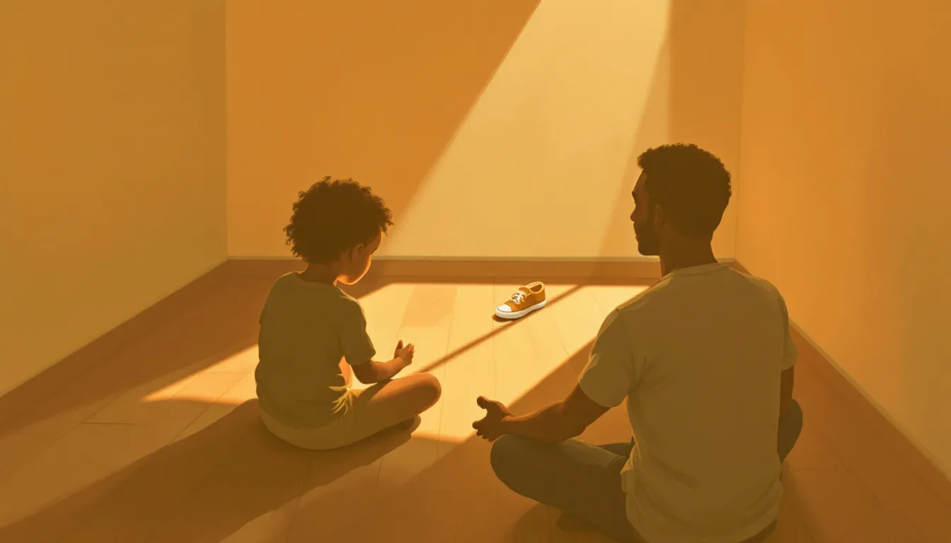 A medium-brown-skinned parent sits cross-legged on a wooden floor with back to the viewer, facing a small child curled in the far corner of a softly lit room, a child's shoe lying on its side between them