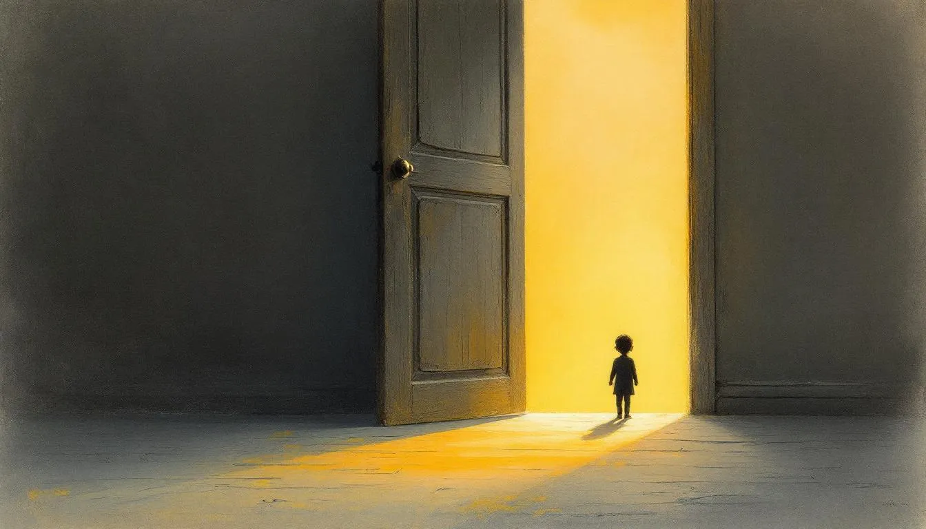 A small child stands in a beam of golden light from a tall open door in a dim room