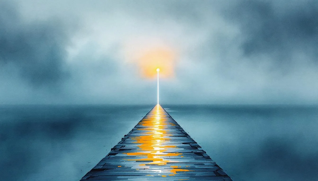 A weathered pier leading toward a glowing sun over calm blue water at dusk