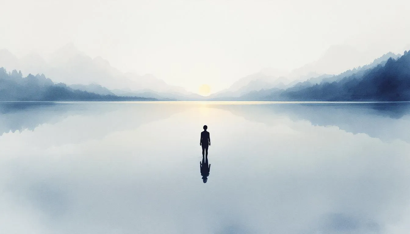 A lone figure stands at the edge of a vast still lake at dawn, mountains in the haze