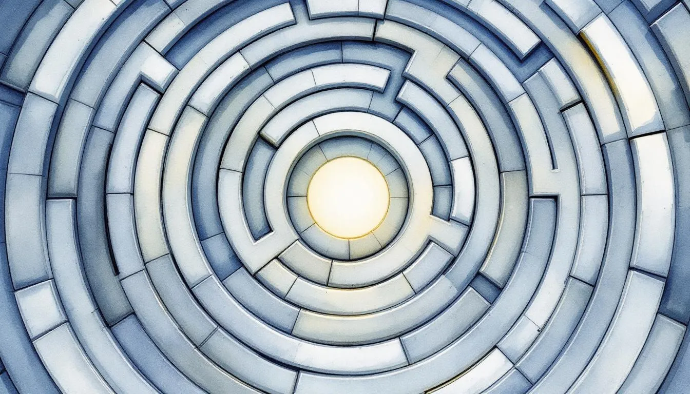 A pale blue circular maze viewed from above with a glowing golden light at its center