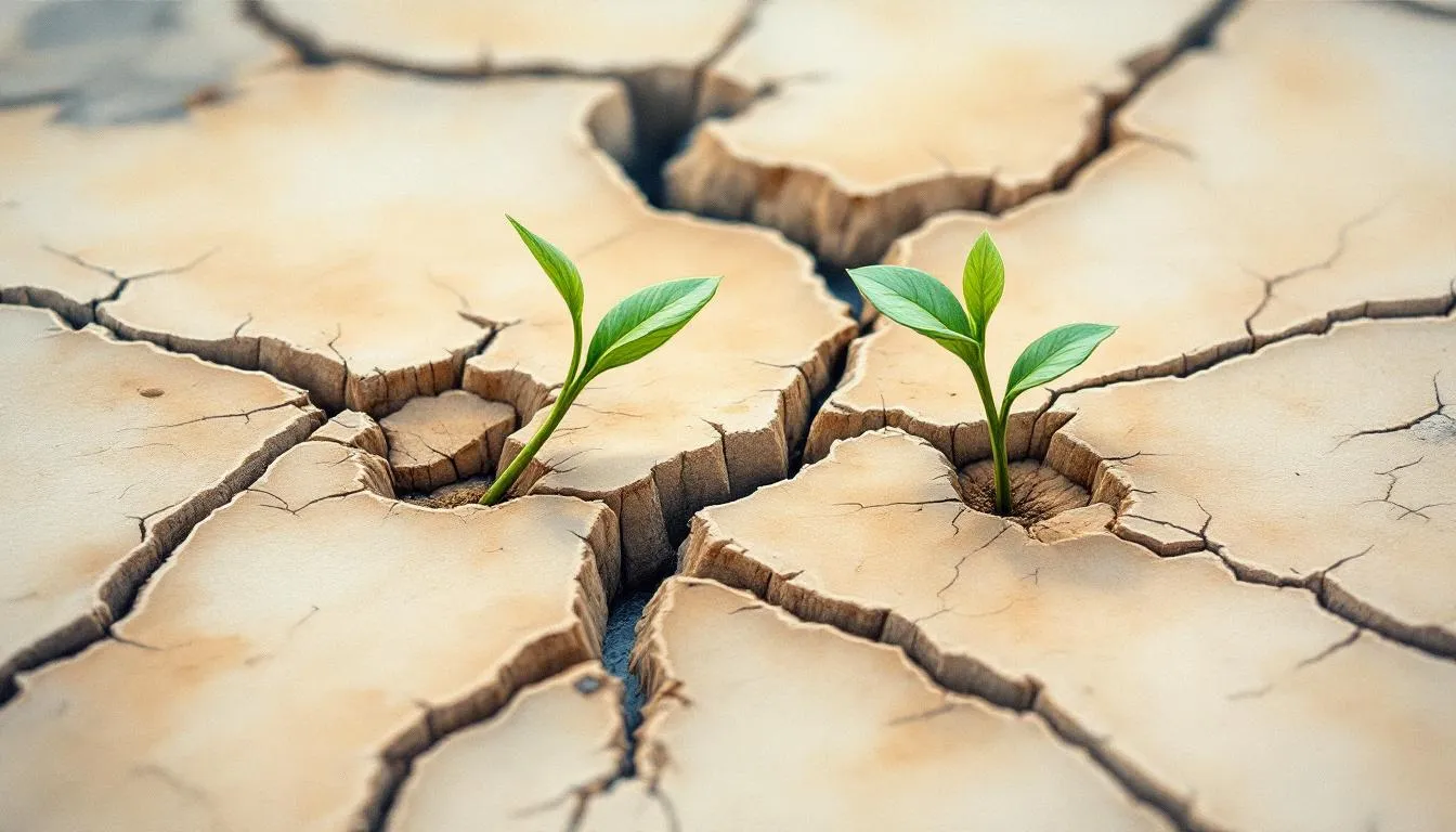 Two green seedlings sprouting from cracks in pale, parched cracked earth