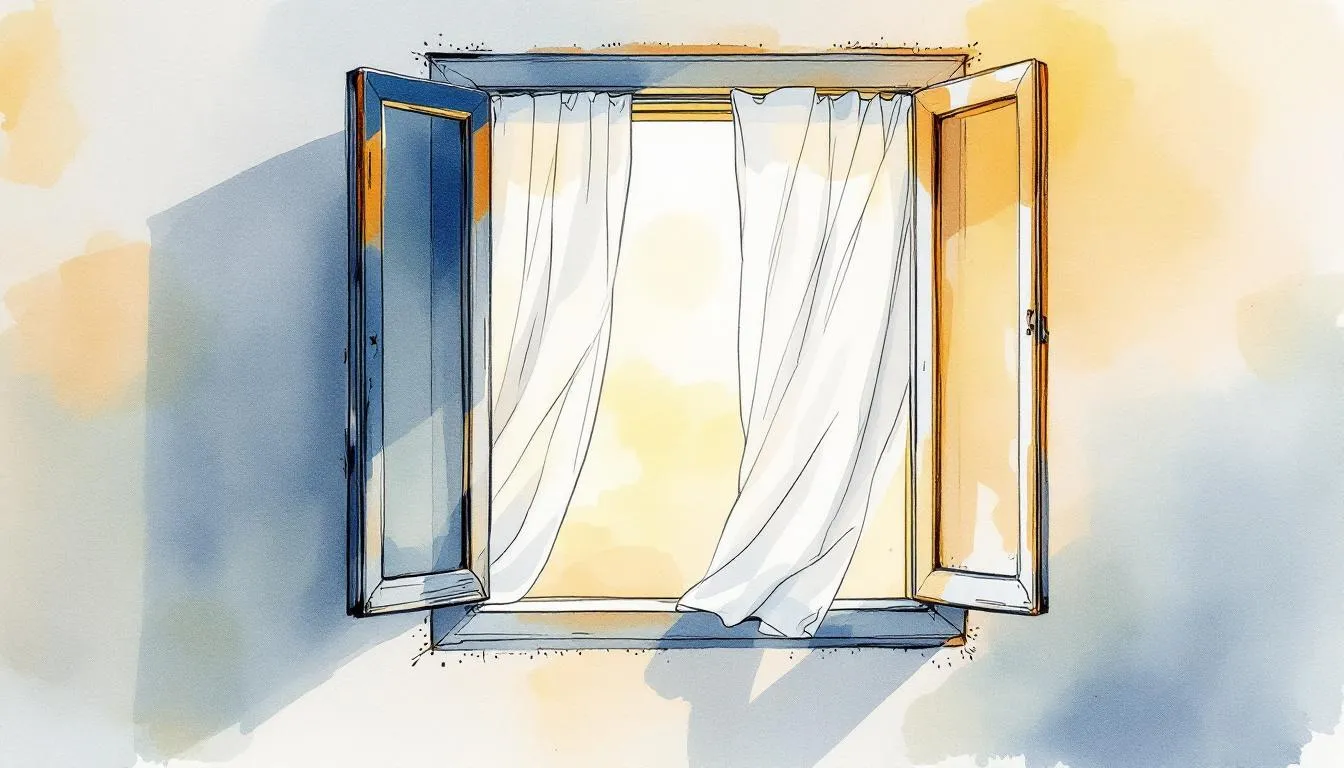 Ink-and-watercolor open window with white curtains drifting in warm and cool light