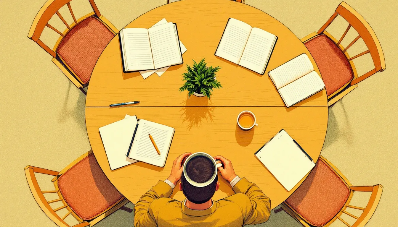 Overhead risograph illustration of a round meeting table with open notebooks, a small succulent, and one person's warm brown hands cupped around a ceramic mug, leaning forward in a posture of attentive listening