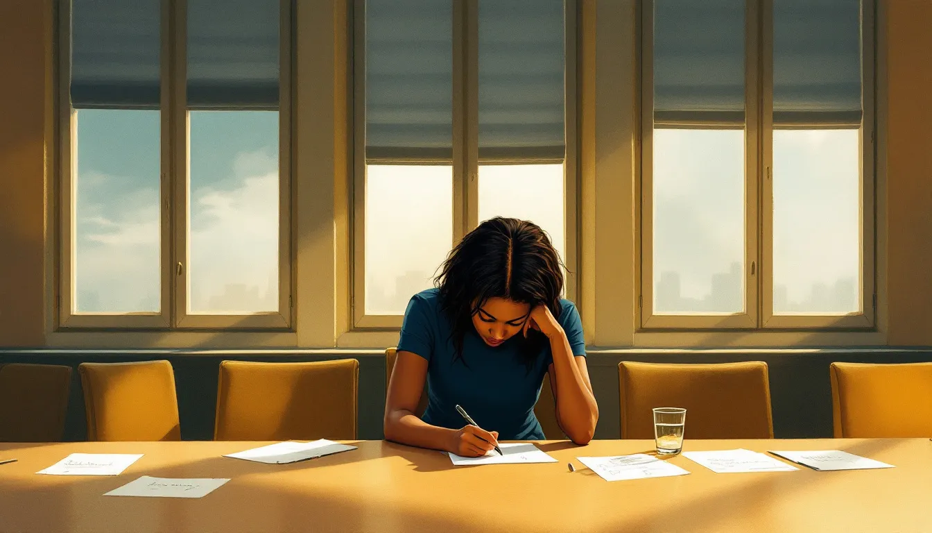 A woman with warm brown skin sits alone at a long conference table covered in handwritten notes, leaning forward with one hand pressed flat on the table as afternoon light falls across empty chairs around her