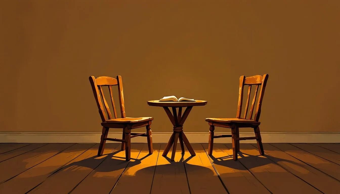 Two empty wooden chairs face each other across a small round table holding an open book