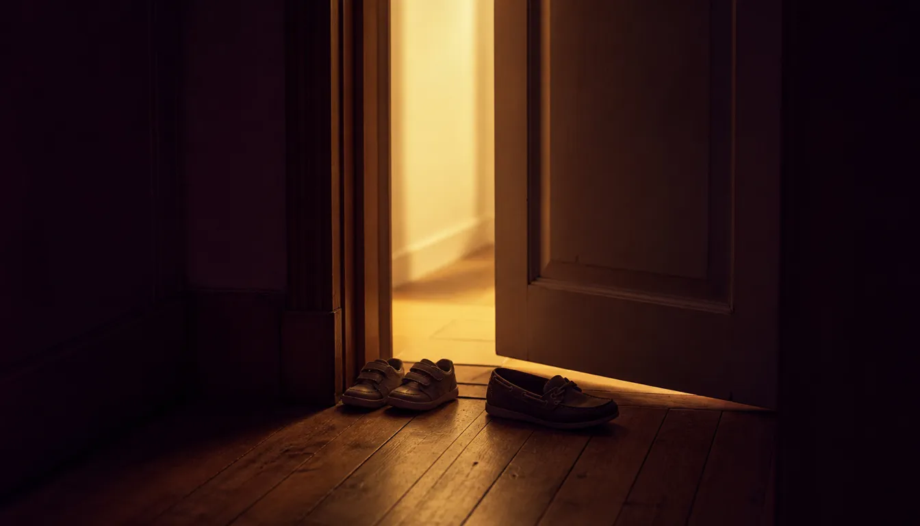 A door left slightly ajar in a dim hallway with warm lamplight spilling through the gap onto a wooden floor, a child's shoes and one adult shoe near the threshold