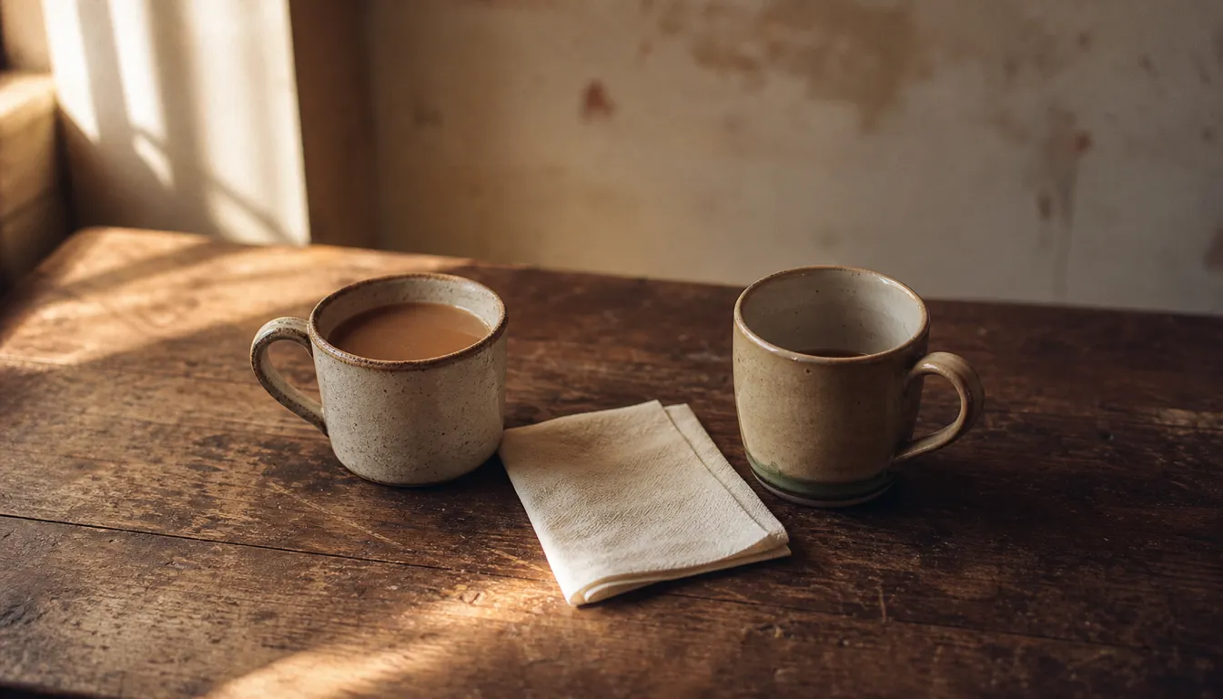 Two mismatched ceramic mugs on a worn wooden kitchen table in warm afternoon light, one full and one nearly empty, a folded napkin between them