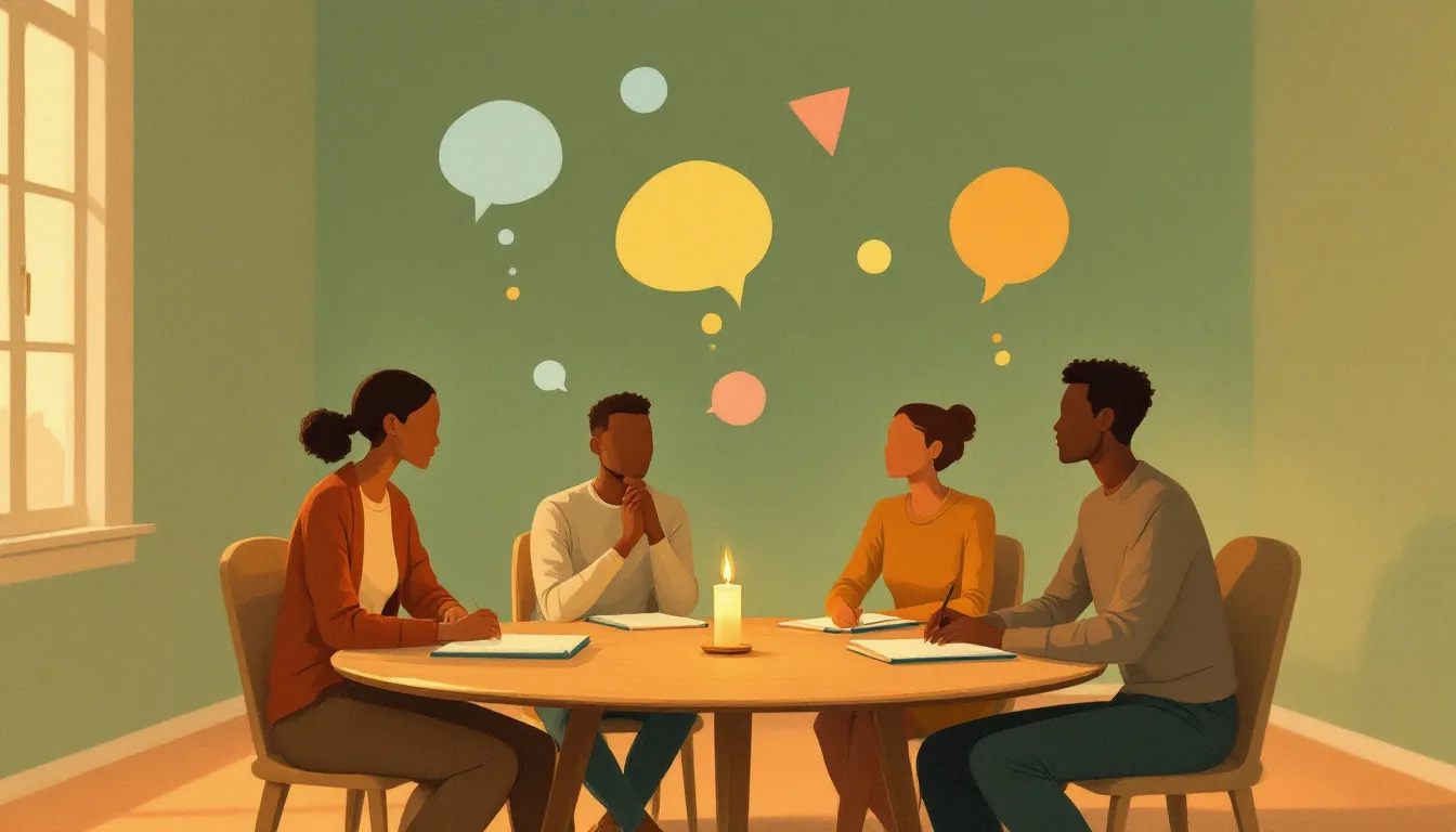 Four silhouetted figures with warm brown skin tones seated around a round wooden table, with translucent speech-bubble shapes dissolving into abstract colored forms above them, rendered in gouache with terracotta, sage green, and amber tones