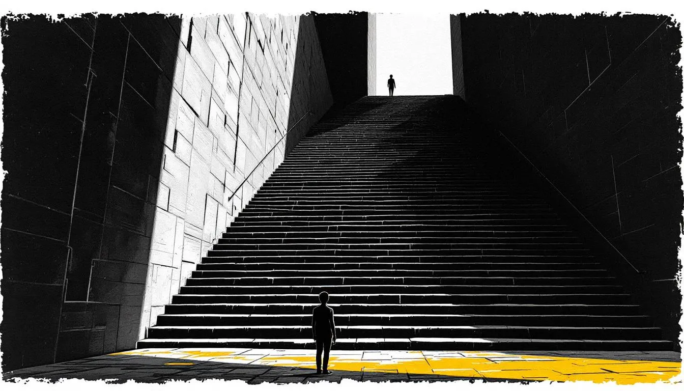 A tiny figure stands at the foot of a steep dark staircase climbing toward light