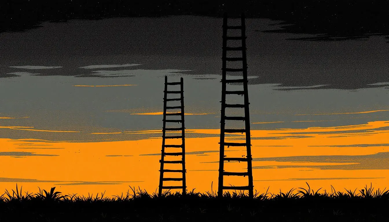 Two silhouetted ladders of unequal height rise against a deep orange sunset sky