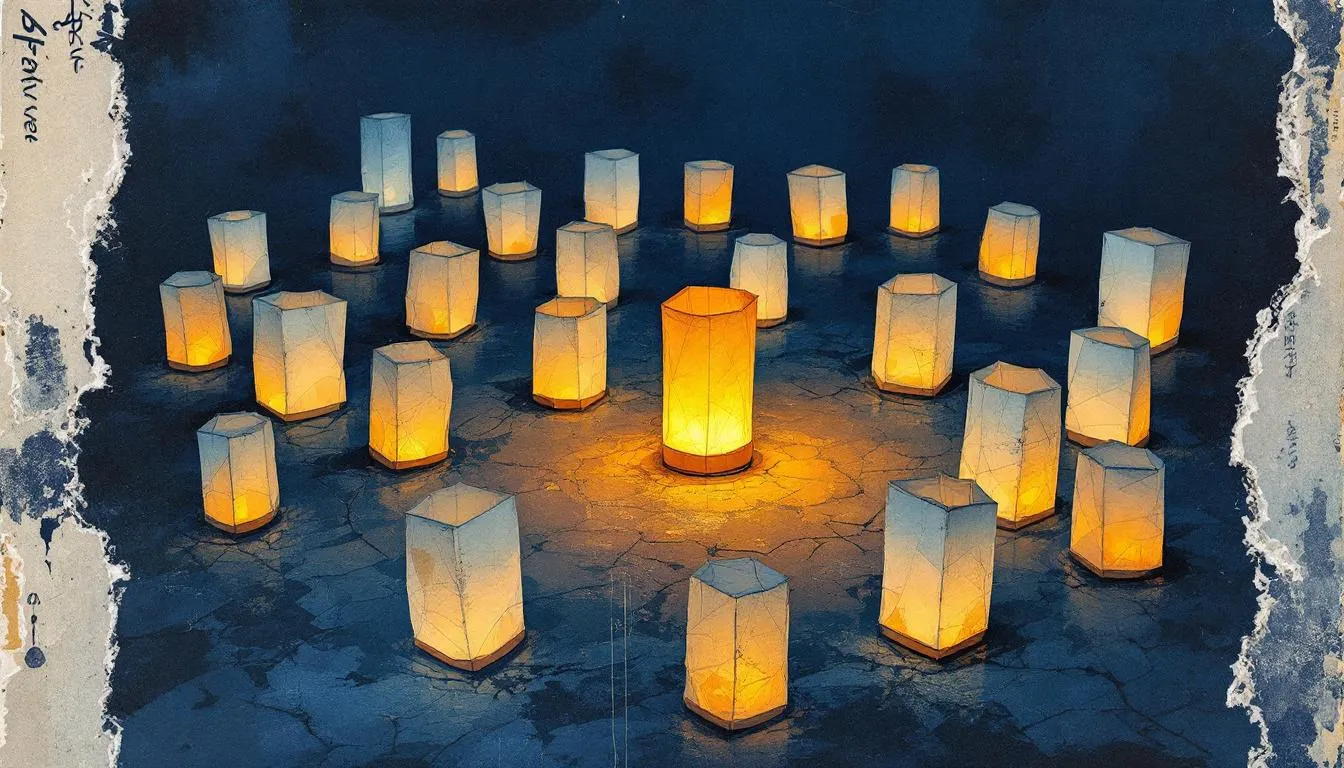 Glowing paper lanterns arranged in a ring, one brighter lantern at the center