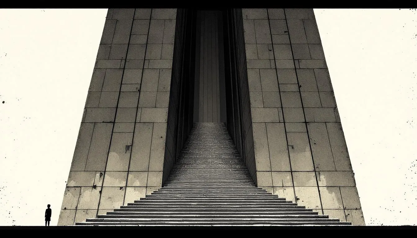 A tiny figure stands before a towering windowless concrete wall split by a narrow stair