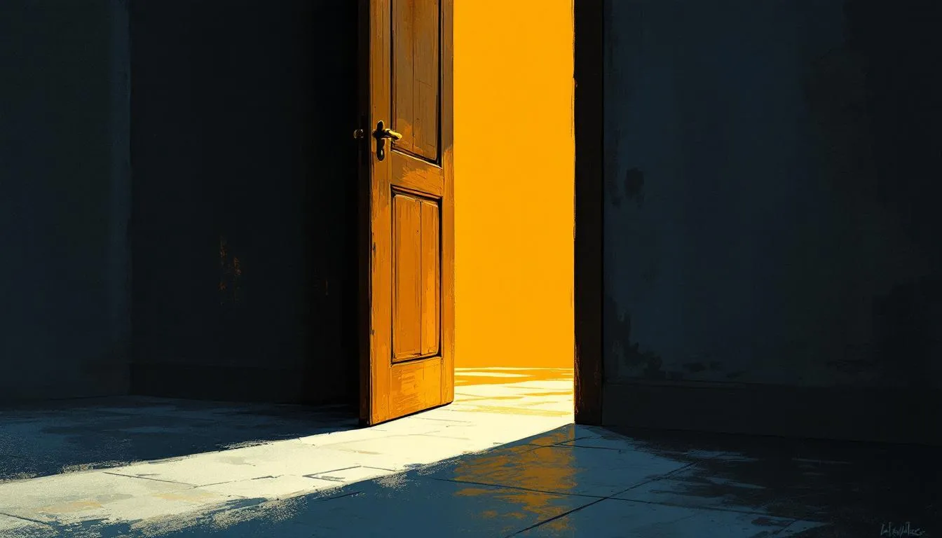 A weathered wooden door stands ajar, spilling warm golden light into a dim grey room