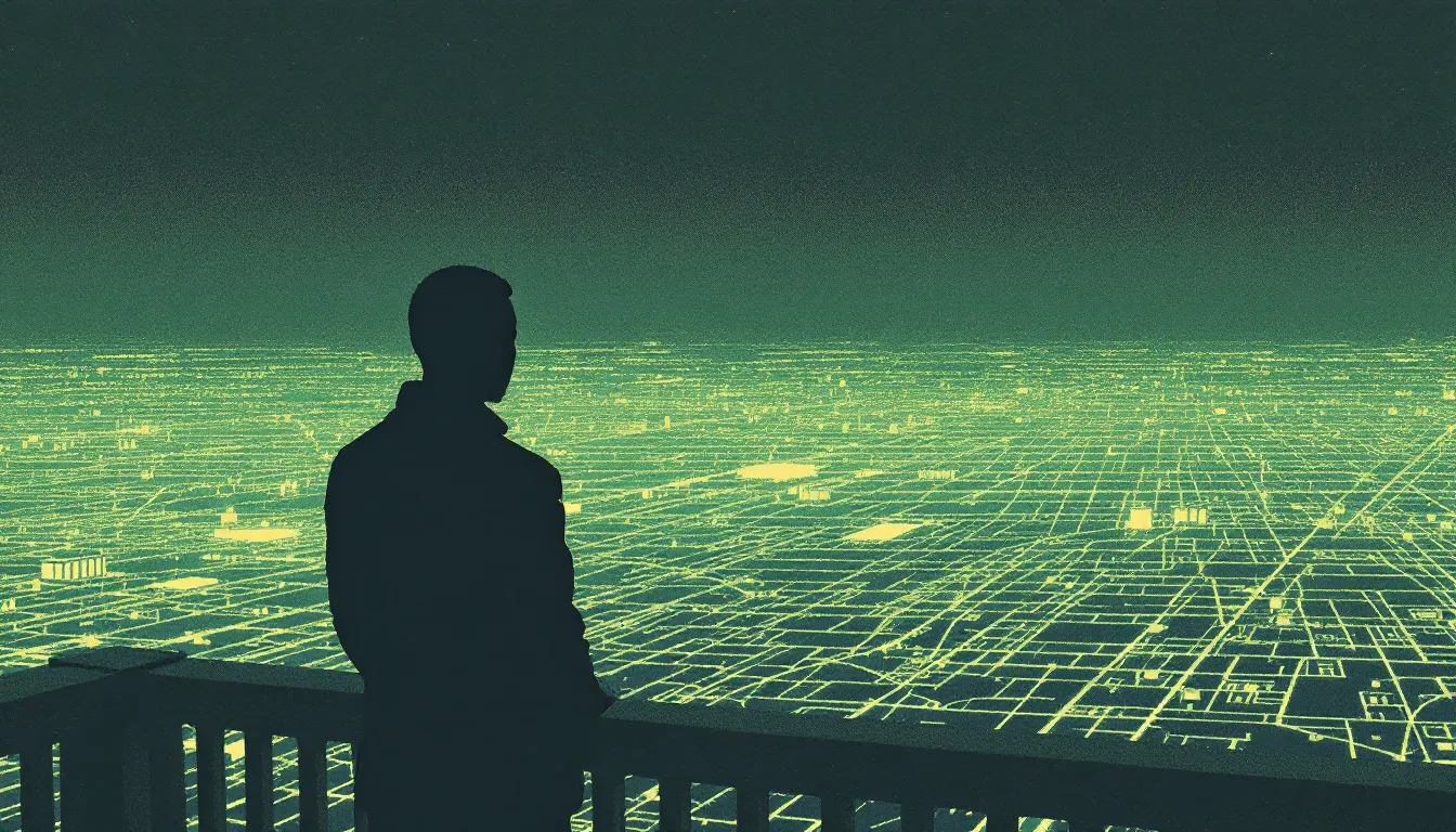 A figure with medium brown skin stands on an elevated platform, back to the viewer, looking down at a dense city grid rendered in sage green and cream lines below a deep navy sky