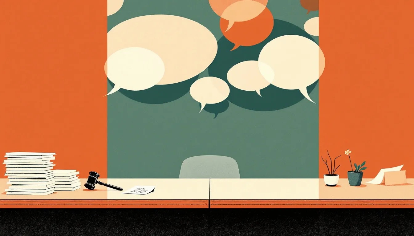 A split wooden table with documents and a gavel on one side and a handwritten note and plant on the other, with speech bubbles of unequal sizes drifting upward in risograph terracotta and teal