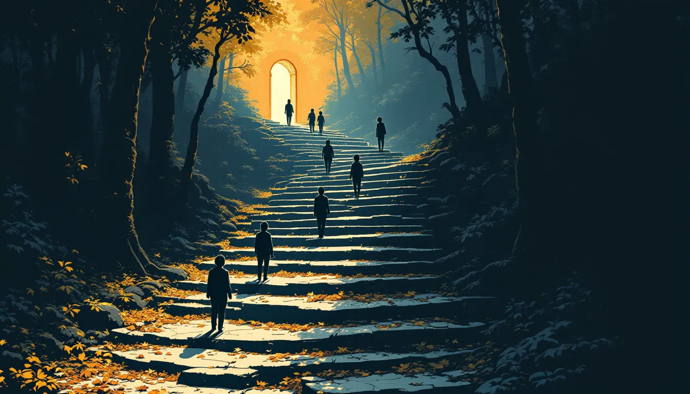 Woodcut-style illustration of silhouetted figures climbing an uneven stone staircase through a forest toward a warm golden doorway at the top, with roots and fallen leaves blocking the lower steps