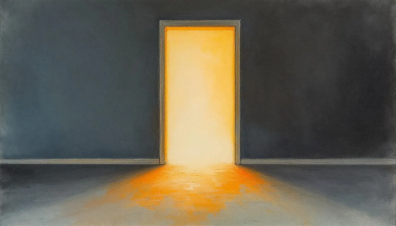 A doorway glows with warm golden light against the cool grey walls of a bare room