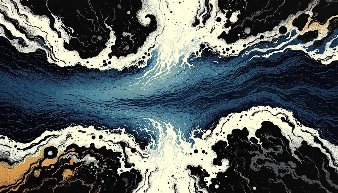 Two dark currents swirl toward a luminous blue channel meeting at the center