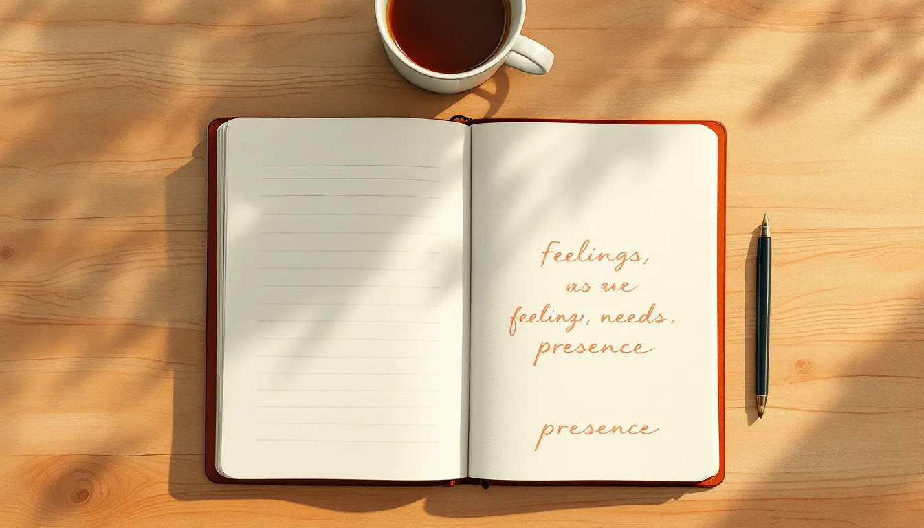 Two open notebooks overlapping on a wooden desk, one with clinical diagrams and one with handwritten feelings words, blending into a single unified page where they meet