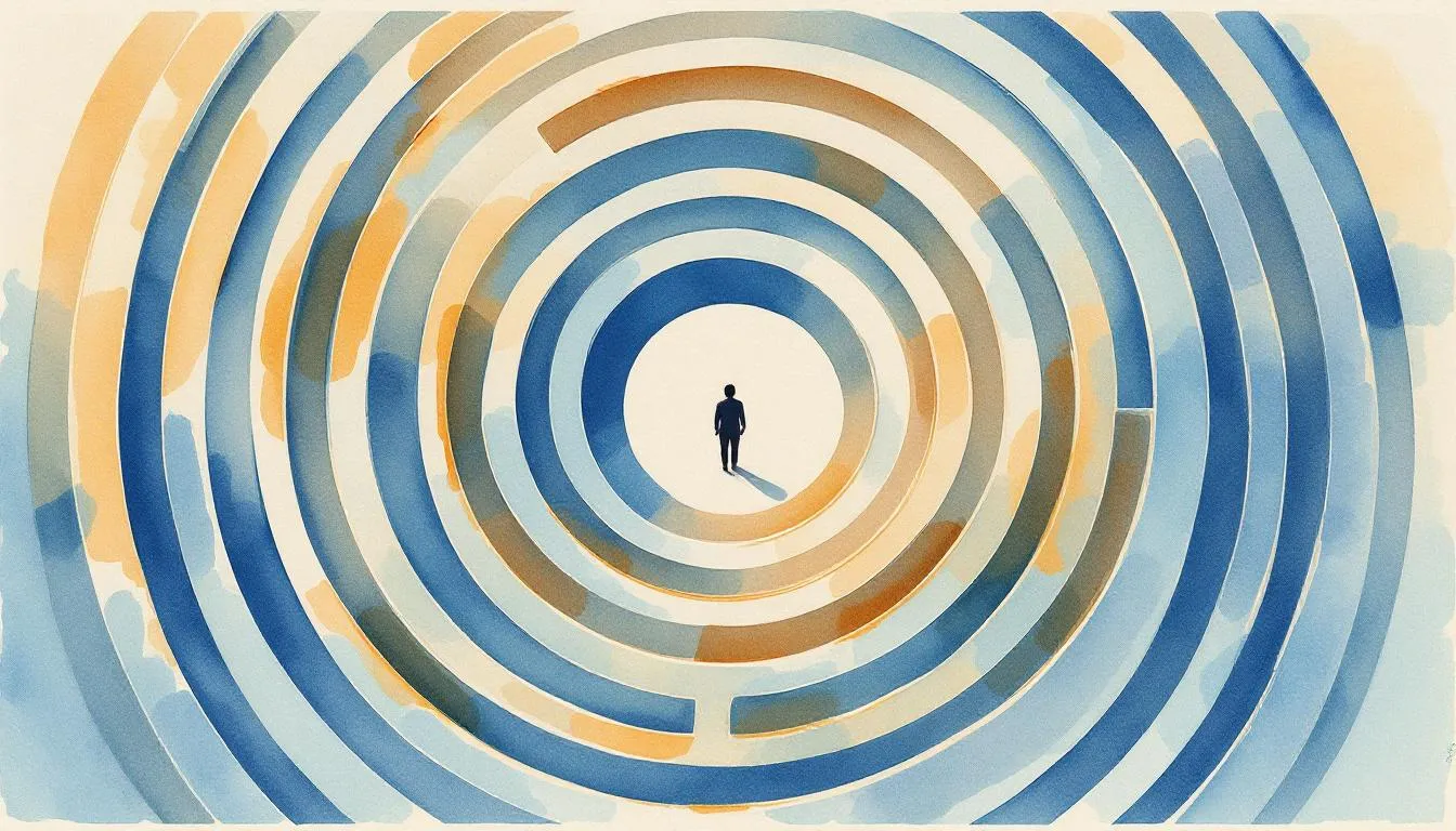 A solitary figure stands at the center of concentric watercolor rings