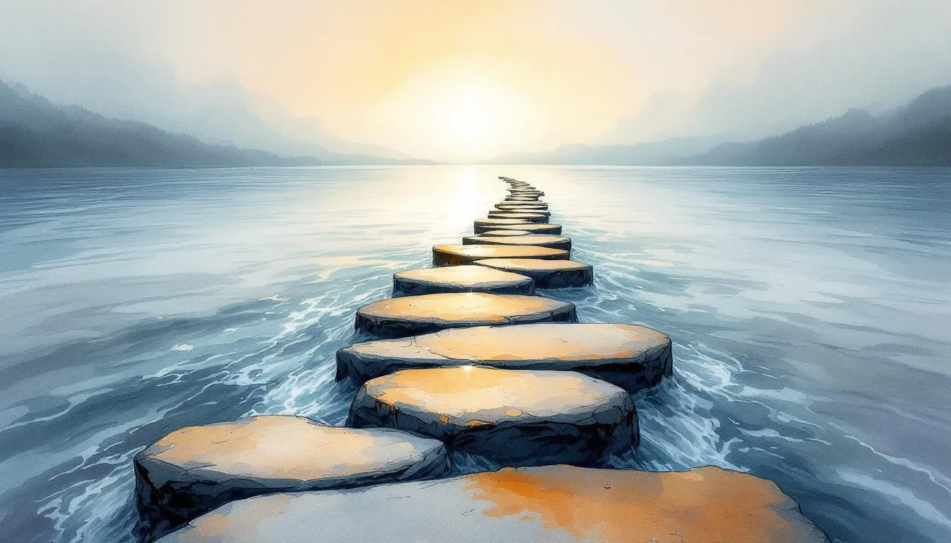Watercolor of stepping stones crossing calm water toward a misty golden sunrise