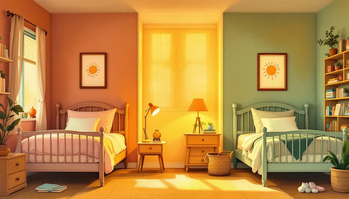 Gouache illustration of two children's bedrooms side by side, each warm and distinct, connected by a shared hallway glowing with amber light, with a child's drawing of the sun framed in each room