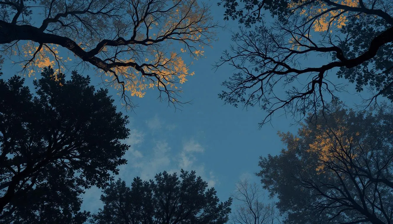 Looking up at a small patch of dusk sky framed by dark surrounding treetops