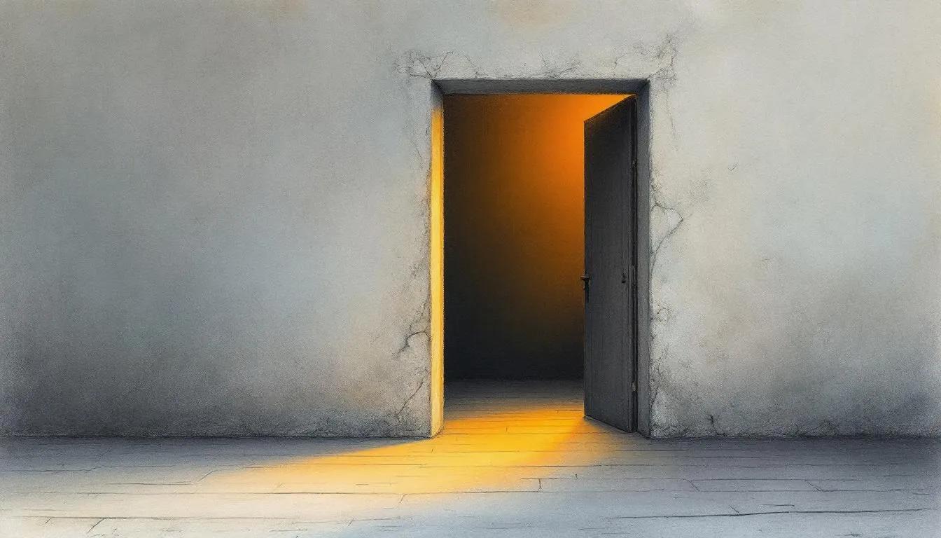 An open door in a grey concrete wall glowing with warm orange light from within