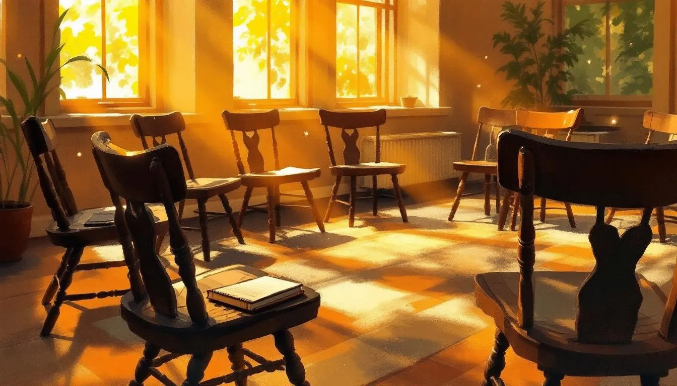 A sunlit room with chairs in a loose circle and a notebook resting on one seat