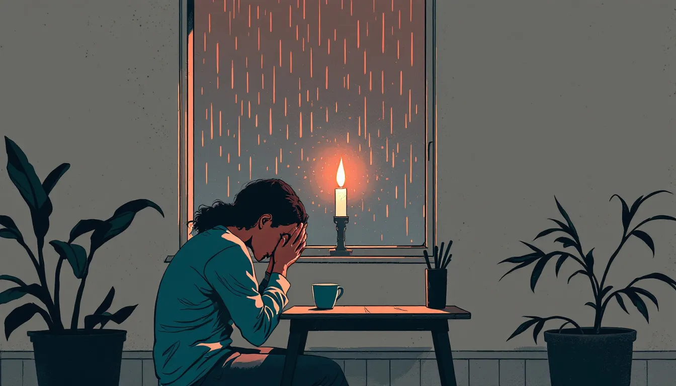 A person with medium-brown skin sits alone at a small wooden table in a dim room, hands around an empty cup, head slightly bowed, a candle reflected in a rain-streaked window behind them