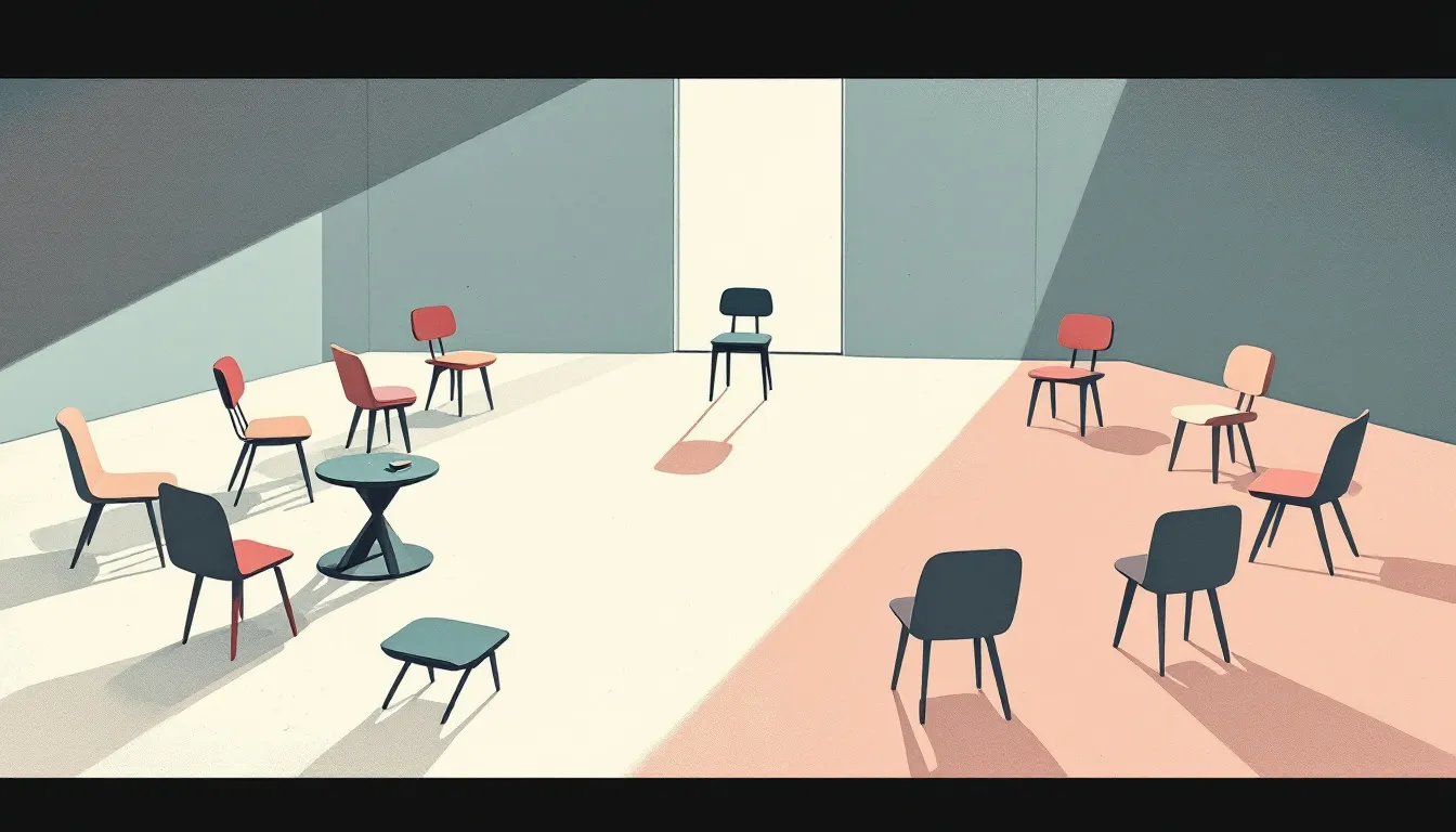 A risograph illustration of a circle of wooden chairs in a meeting room with one lone chair facing away toward a tall window in soft grey light