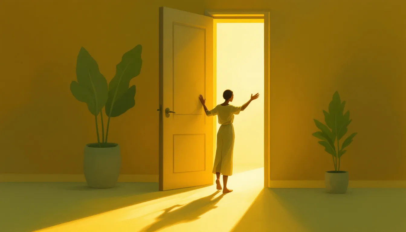 A silhouetted figure with medium-brown skin holds open a tall wooden door as warm golden light pours into a dim hallway, a potted plant resting beside the threshold