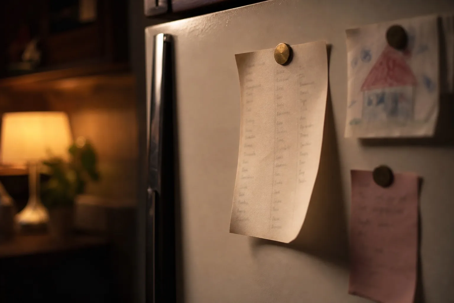 A handwritten list held to a refrigerator door by a brass magnet, next to a child's drawing, in warm evening lamplight