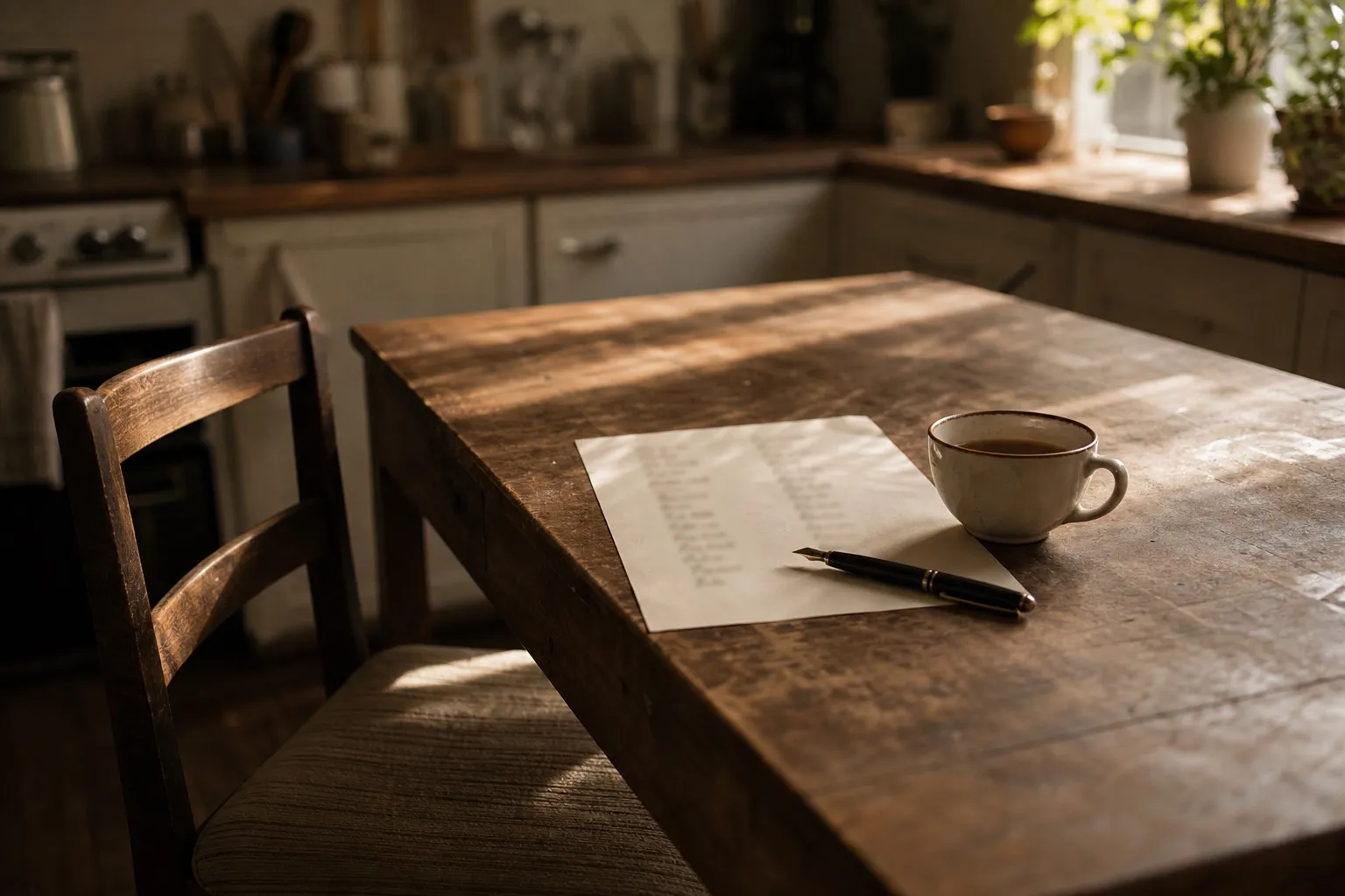 A sheet of paper with handwritten word lists on a worn wooden kitchen table, beside a fountain pen and a cup of tea in morning light