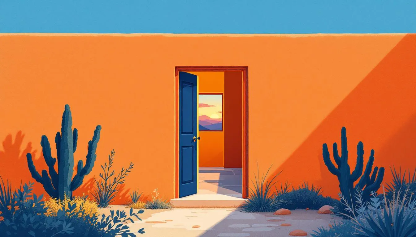 A blue door stands open in an orange desert wall flanked by cacti at sunset