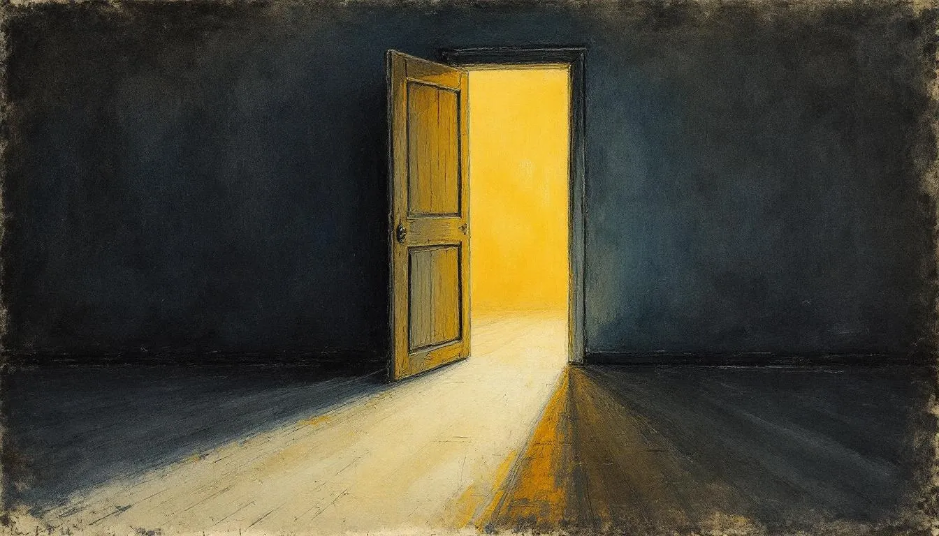 An open yellow door spills warm light across the floor of a dark room
