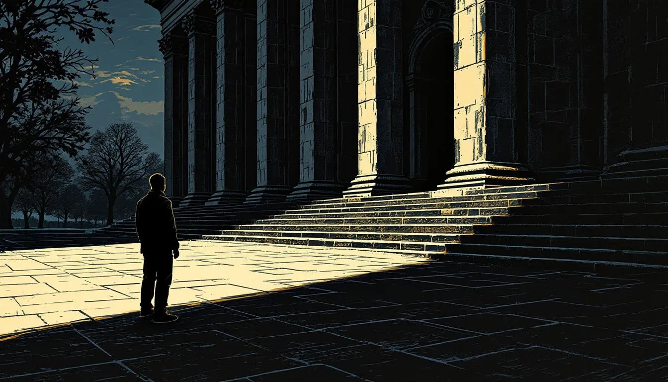 A small figure stands alone before the steps of a vast dark stone monument at dusk