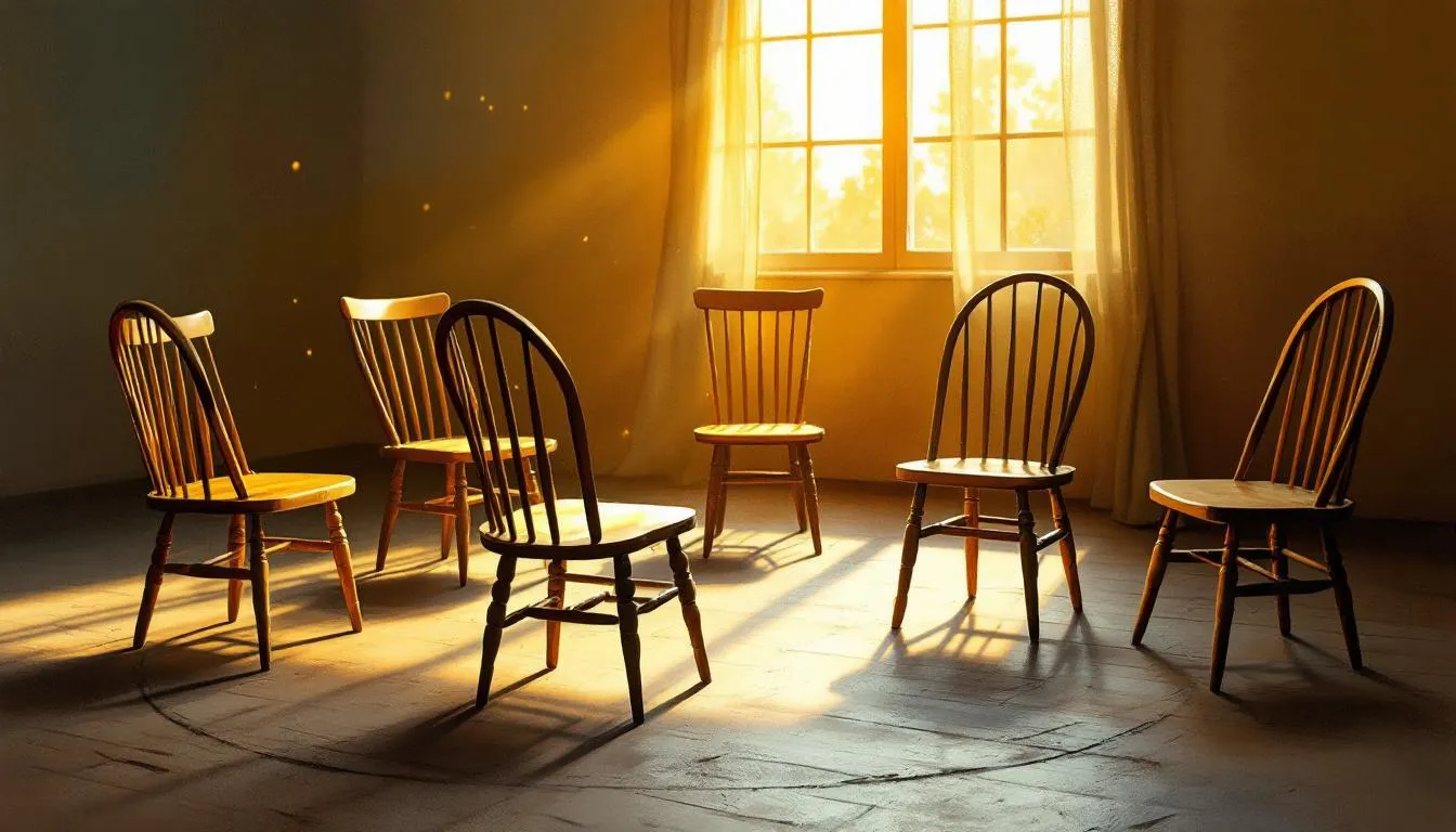 An empty circle of wooden chairs glowing in golden afternoon light by a window