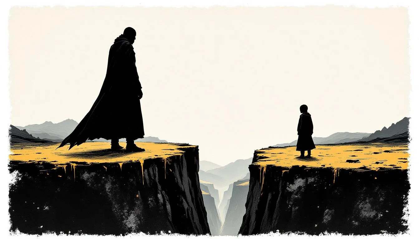 A cloaked adult and a small child stand on opposite edges of a deep chasm